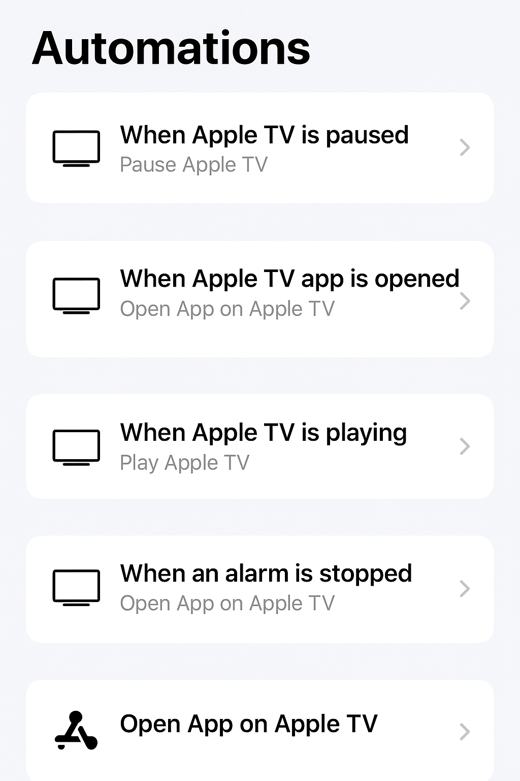 Screenshot of Home app automations using Apple TV