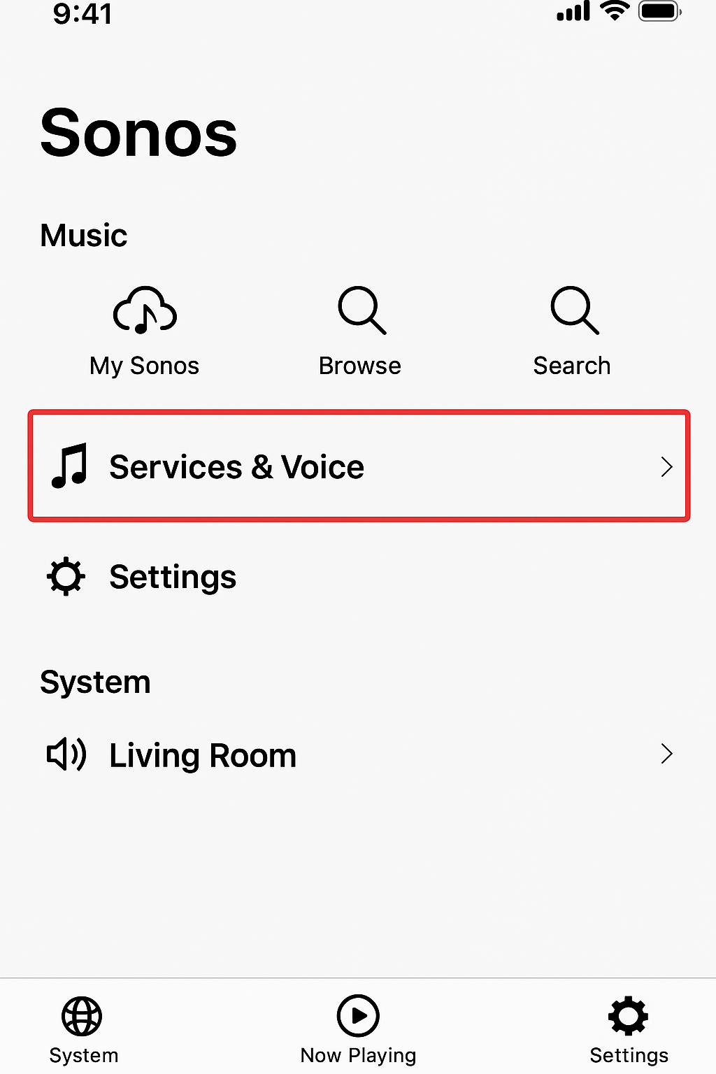 Screenshot of Sonos app main screen with Services & Voice section highlighted