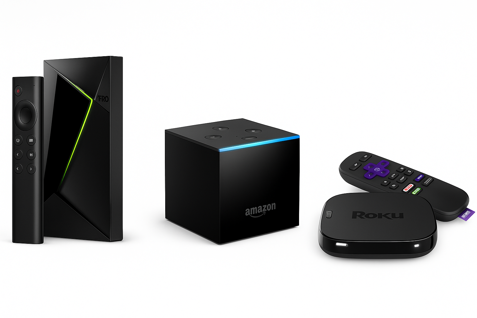 Product images of all three side-by-side Shield TV Pro vs Fire TV Cube vs Roku Ultra