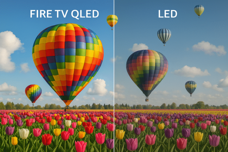 Side-by-side comparison of Fire TV QLED vs standard LED (to show difference in vibrancy)