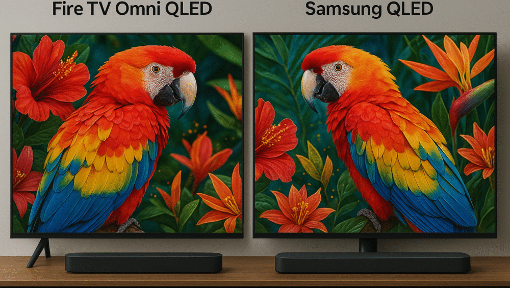 Side-by-side image of Fire TV Omni QLED and Samsung QLED displaying vibrant content