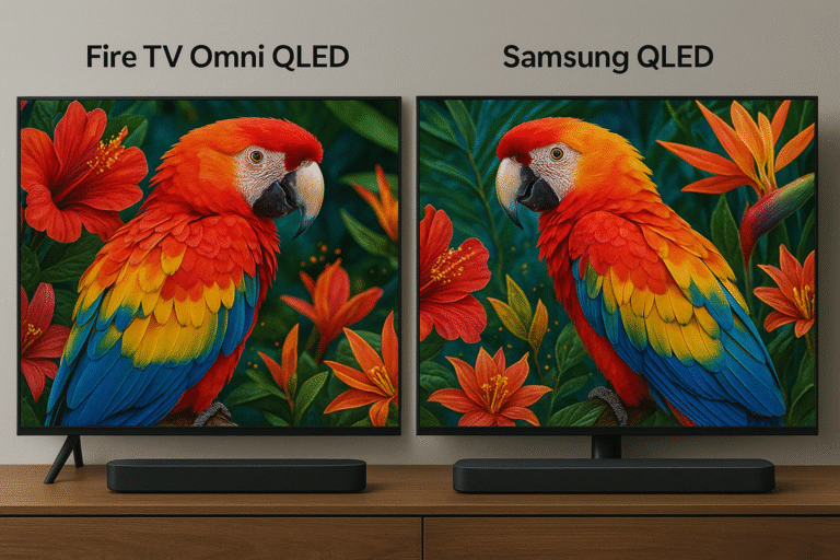 Side-by-side image of Fire TV Omni QLED and Samsung QLED displaying vibrant content