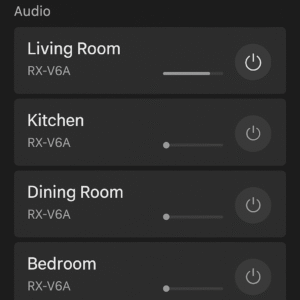 Smart home dashboard showing RX-V6A speaker groups