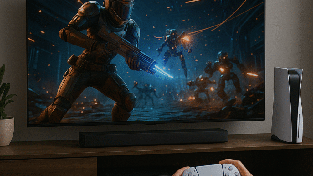 Sony Bravia XR X90L Gaming setup with PS5 and Bravia TV mid-action