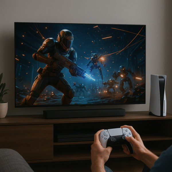 Sony Bravia XR X90L Gaming setup with PS5 and Bravia TV mid-action