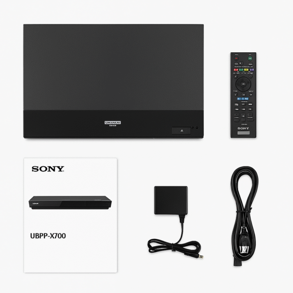 Sony UBP‑X700 4K Blu‑ray Player with manual power adapter and remote