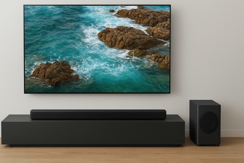 Soundbar positioned beneath a Samsung Smart TV with subwoofer nearby