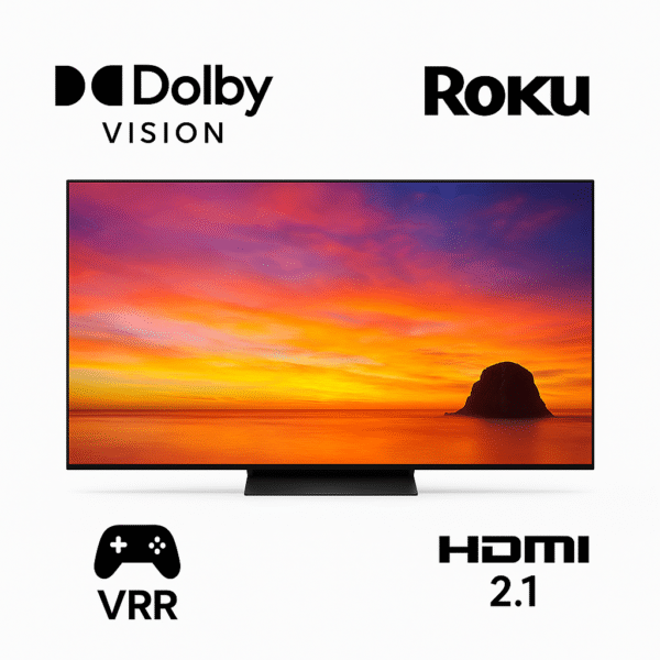 TCL 6-Series Roku TV smart and gaming features icons on white background