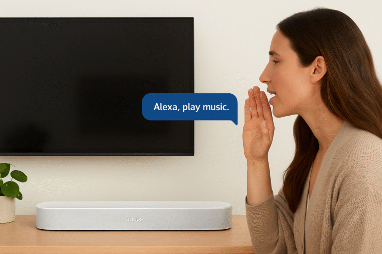 User asking Alexa to play music, Beam on desk under small TV
