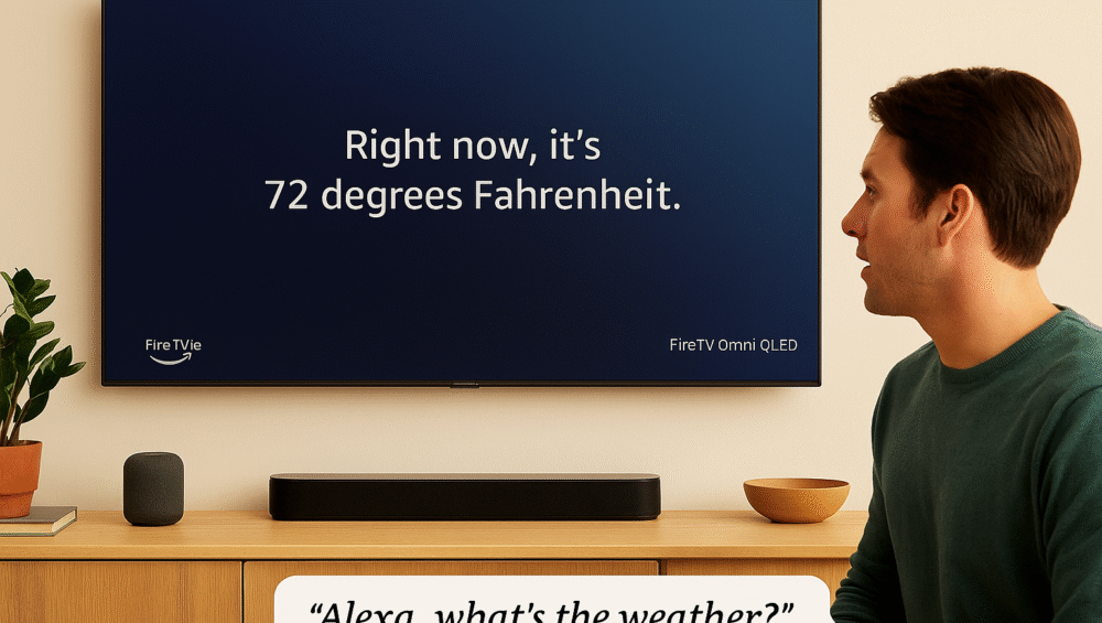 User speaking to Echo while Fire TV responds onscreen