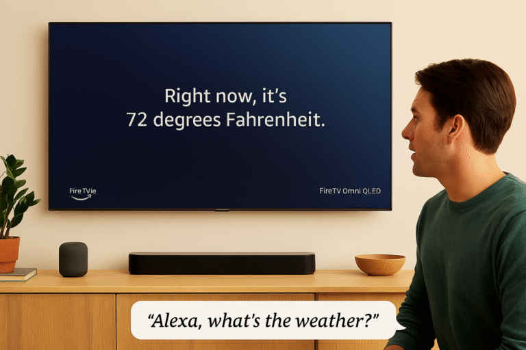 User speaking to Echo while Fire TV responds onscreen