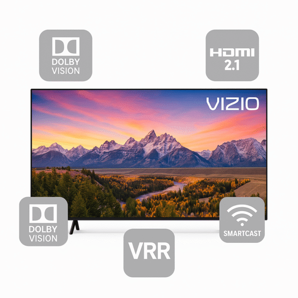 Vizio M-Series Quantum smart and gaming feature icons on white background