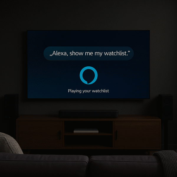 Wall-mounted LG OLED C3 Series in a dark theater-style room with Alexa prompt