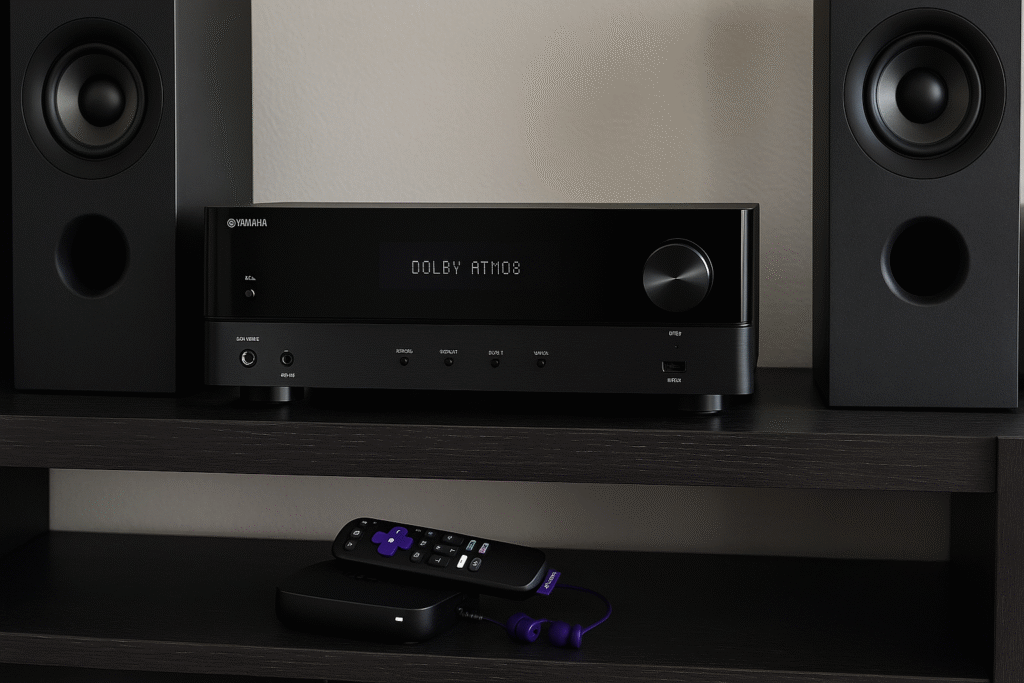 Yamaha RX-V6A 7.2-Channel AV Receiver on a shelf with speakers and display showing Dolby Atmos