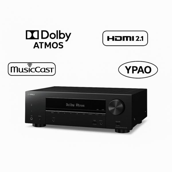 Yamaha TSR-700 with Dolby Atmos, HDMI 2.1, MusicCast features on white background