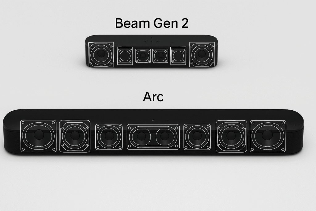 driver layout diagram or cutaway comparison of Beam Gen 2 and Arc photo in hero format