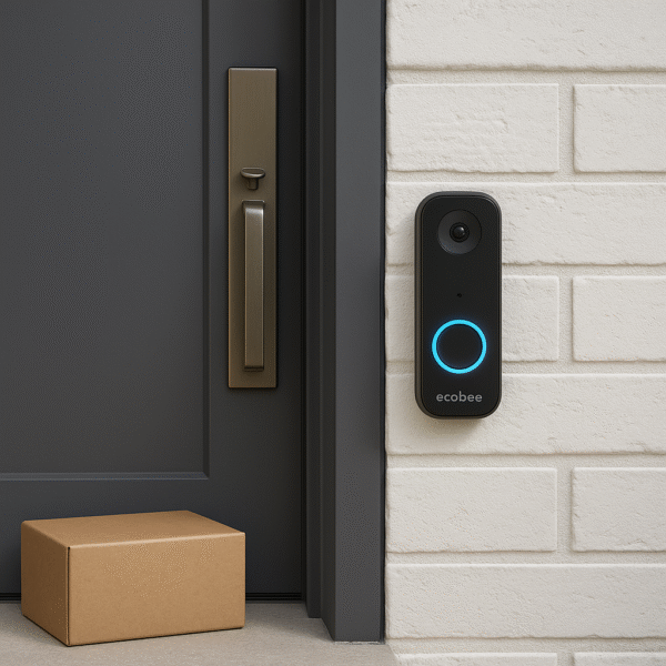 ecobee Smart Video Doorbell installed on a modern front door with a package visible on the ground.