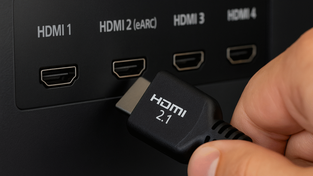 Close-up of an HDMI cable plugged into an LG C3 OLED TV for gaming HDMI 2.1, highlighting full-bandwidth connectivity and next-gen performance support.