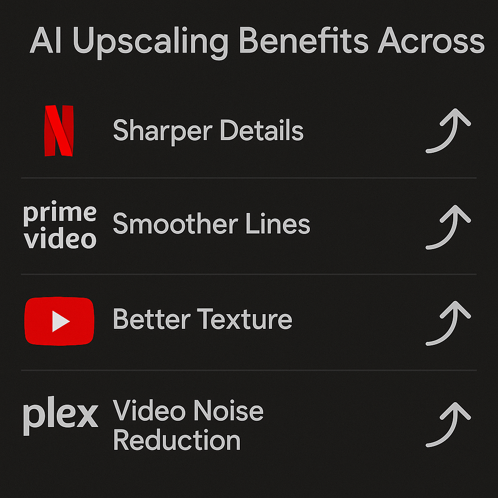 Infographic showing AI upscaling benefits across streaming apps