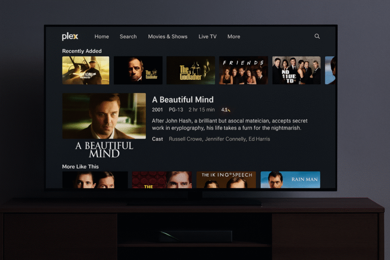 Plex UI on TV screen with media metadata view