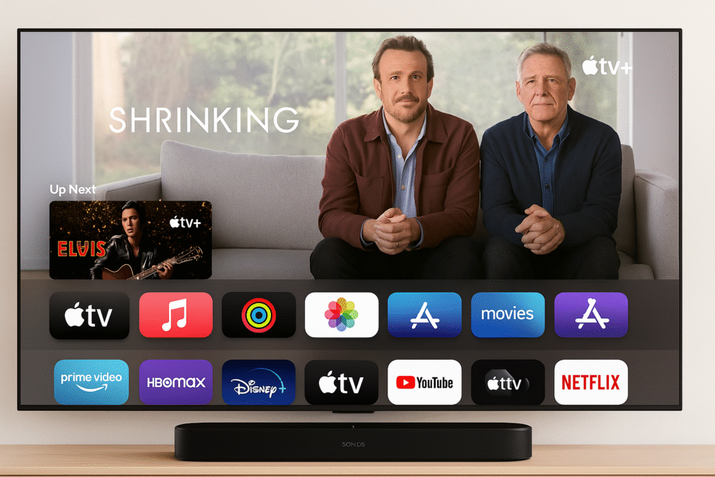 Screenshot of Apple TV UI on a 4K display showing app icons and content carousel