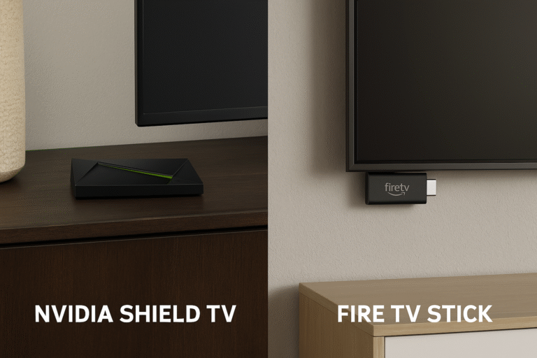 Shield TV on a console vs Firestick behind a wall-mounted TV