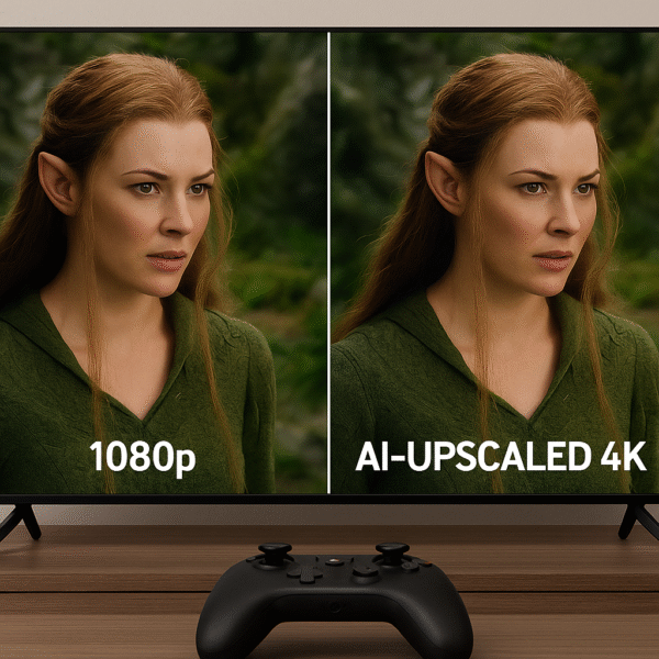 Side-by-side image showing 1080p vs AI-upscaled 4K quality