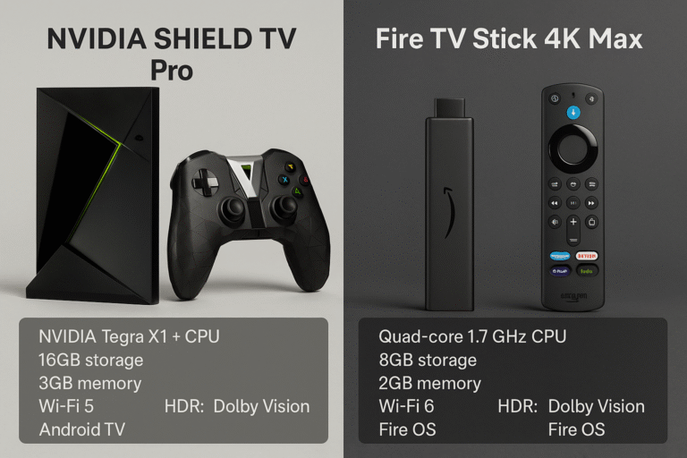 Side-by-side product image and specs highlight NVIDIA Shield, TV Pro Fire TV Stick 4K Max