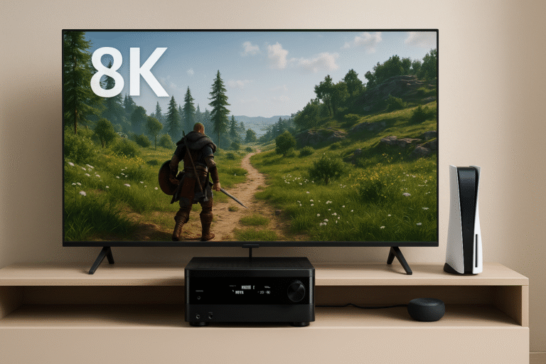 8K TV connected to an AV receiver with a gaming console visible showing an immersive home theater setup where the AV receiver links the 8K television and a gaming console like the PS5 or Xbox Series X via HDMI 2.1 for high-frame-rate 4K/120Hz gameplay.