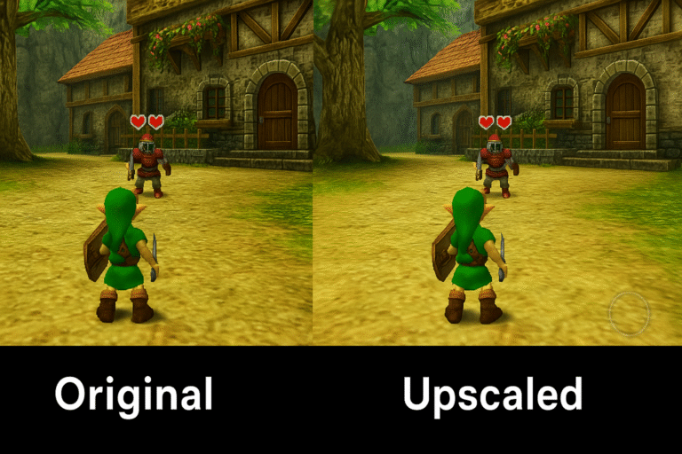 A side-by-side image of SNES or N64 gameplay with original resolution vs upscaled.