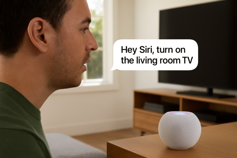 A user saying Hey Siri, turn on the living room TV to a HomePod mini
