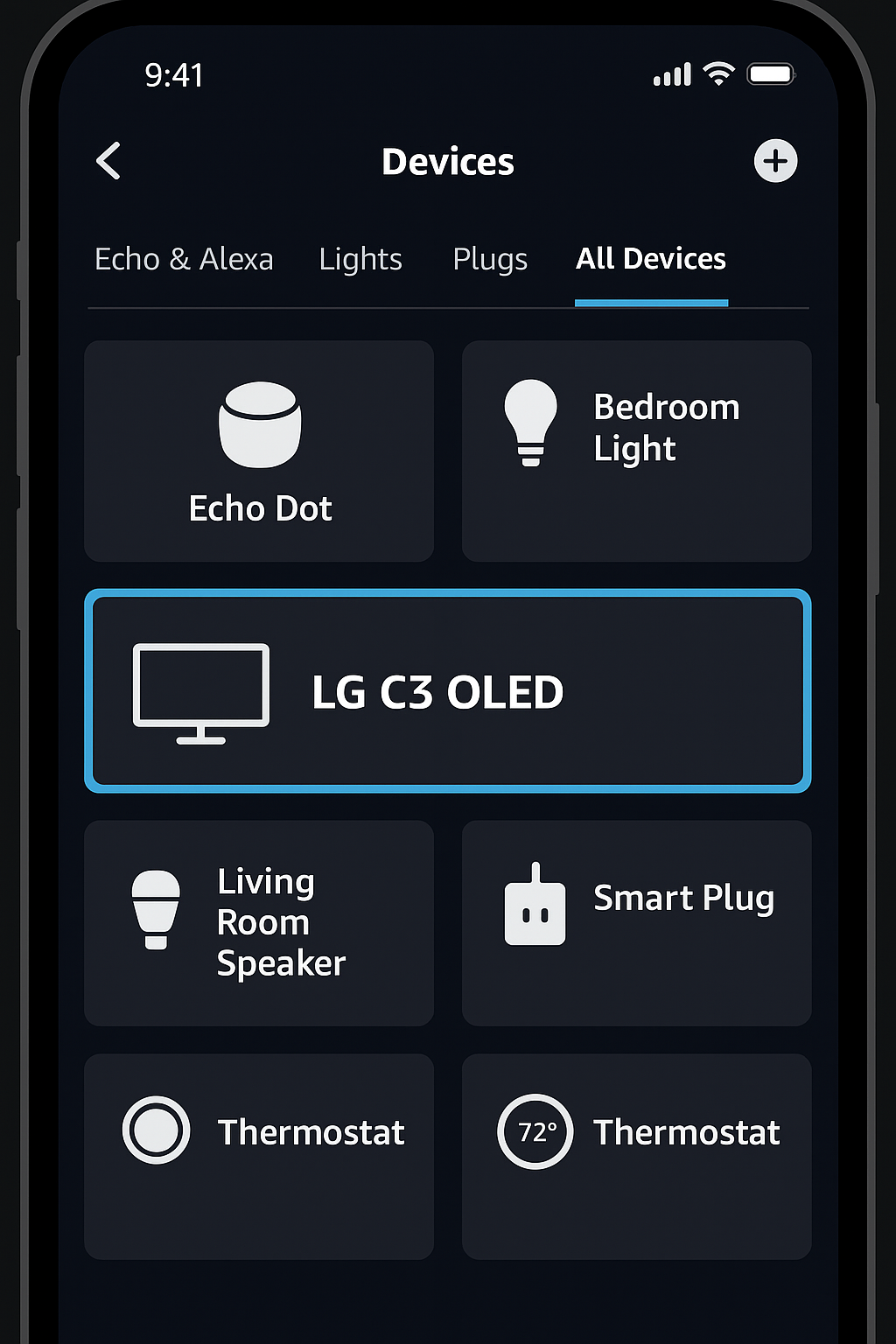 Alexa app “Devices” tab with LG C3 OLED highlighted.
