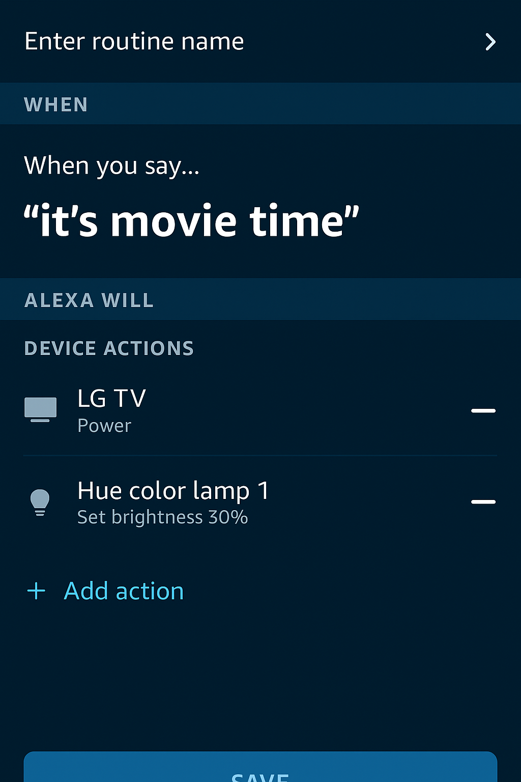 Alexa app routine builder with LG TV and Philips Hue lights in same scene.