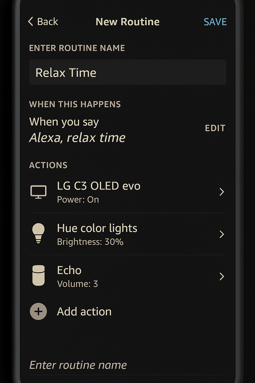 Alexa routine builder interface with LG TV, Hue lights, and Echo speaker included.