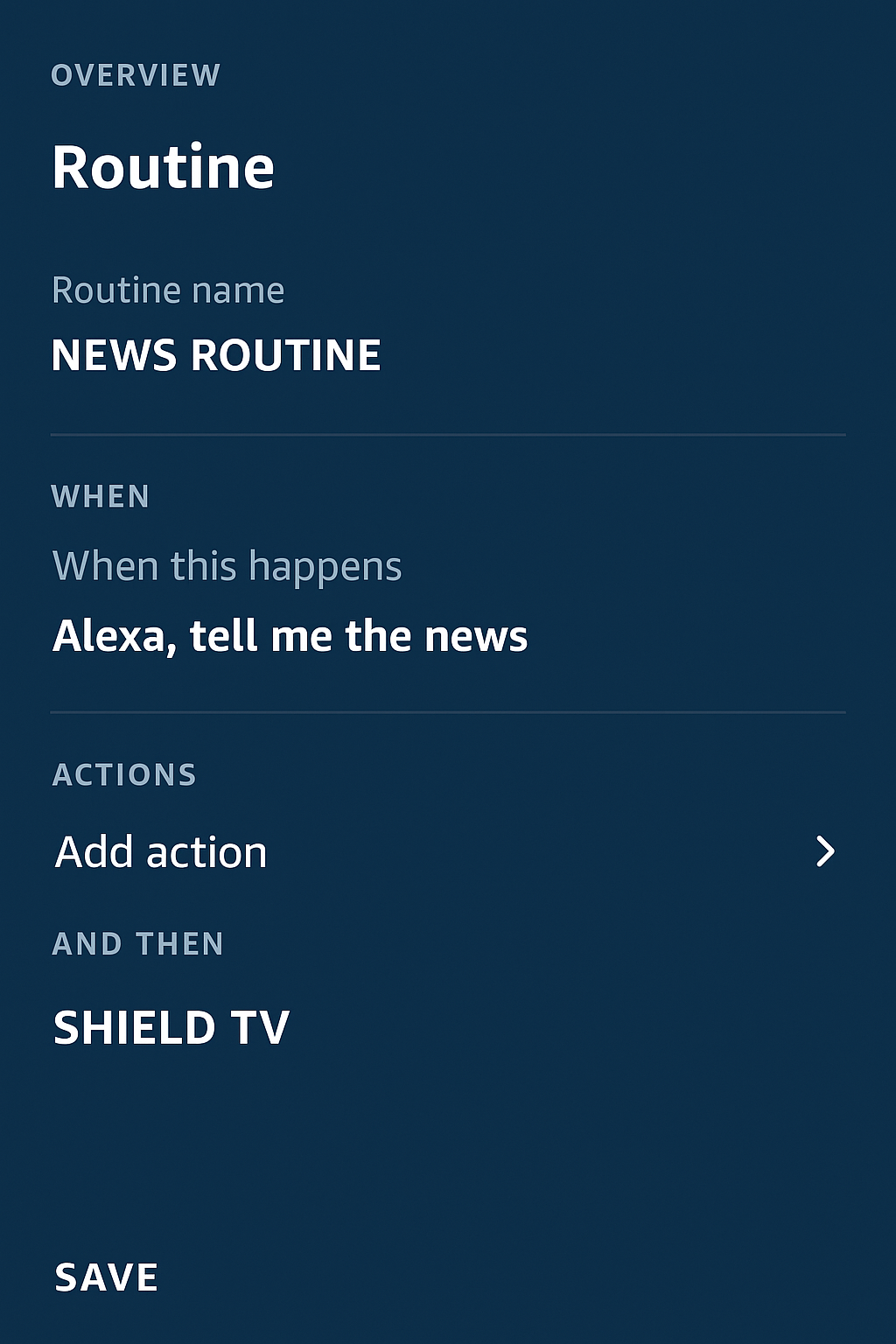 Alexa routine panel with Shield TV listed as a device