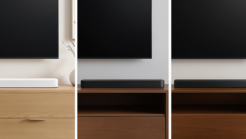 Photo showing three soundbars—Sonos Beam Gen 2, Bose Smart Soundbar 600, and Sony HT-G700—placed on entertainment units beneath wall-mounted TVs, optimized for Dolby Atmos in small spaces.