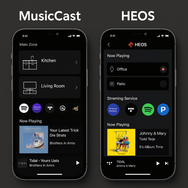 Yamaha RX-V6A vs Denon AVR-S970H app UI comparison showing the MusicCast interface with simple multi-room controls alongside the HEOS app displaying detailed streaming and device management options.
