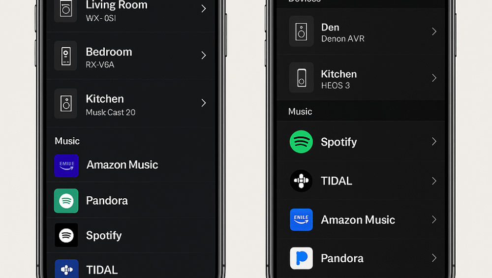 MusicCast vs HEOS app UI comparison for 8K AV receivers showing the Yamaha MusicCast interface with simple multi-room and source controls next to the Denon/Marantz HEOS app featuring detailed streaming and device management options.