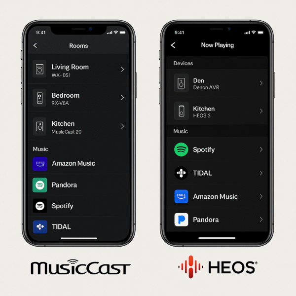 MusicCast vs HEOS app UI comparison for 8K AV receivers showing the Yamaha MusicCast interface with simple multi-room and source controls next to the Denon/Marantz HEOS app featuring detailed streaming and device management options.