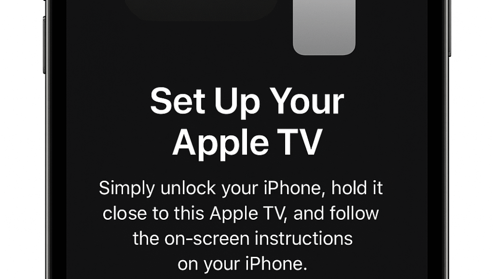 Screenshot showing Apple TV 4K setup process via iPhone, with automatic pairing, Wi-Fi connection, and Apple ID sign-in steps displayed on the screen during Apple TV 4K vs Roku Ultra comparison.