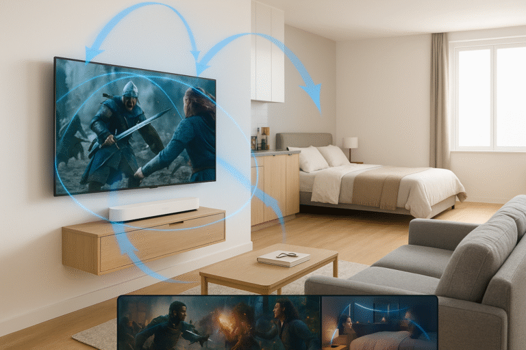 Beam Gen 2 in a studio apartment with immersive scene overlay.