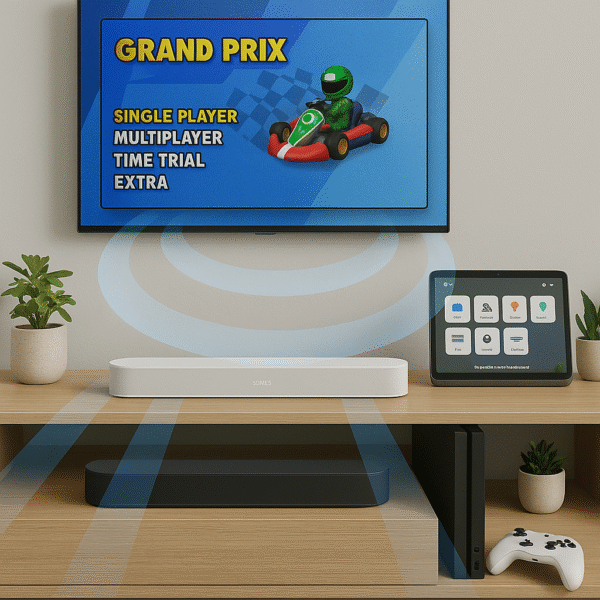 Beam Gen 2 mounted below a 55 inch TV in a minimalist room.