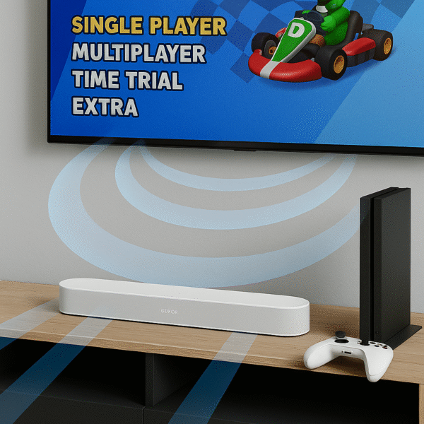 Beam Gen 2 next to gaming console setup, overlay of directional audio lines.