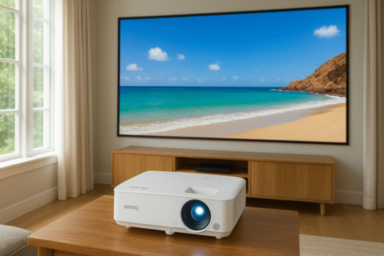 Photo of the BenQ TH575 budget gaming projector in use during daytime, projecting a bright, clear 1080p image on a wall while curtains remain open, demonstrating its high brightness and suitability for well-lit rooms.