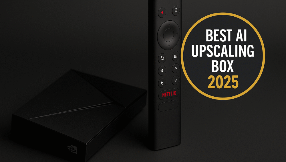Best AI Upscaling Box 2025 badge placed over a product image of the Shield TV