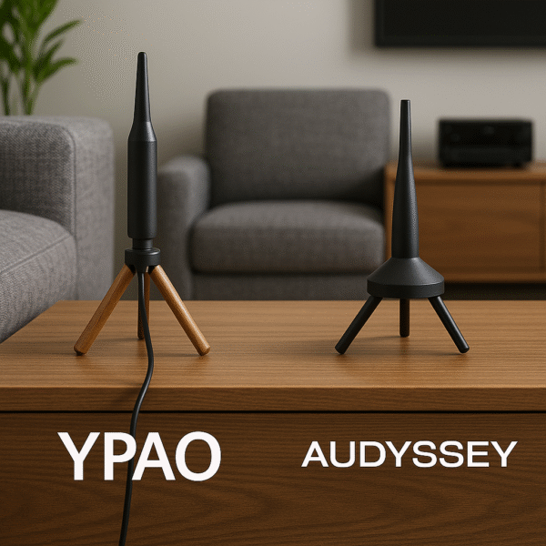 Yamaha RX-V6A vs Denon AVR-S970H calibration mic setup showing two microphones placed in a living room—one labeled YPAO for Yamaha’s auto-calibration system and the other labeled Audyssey for Denon’s precision tuning feature.