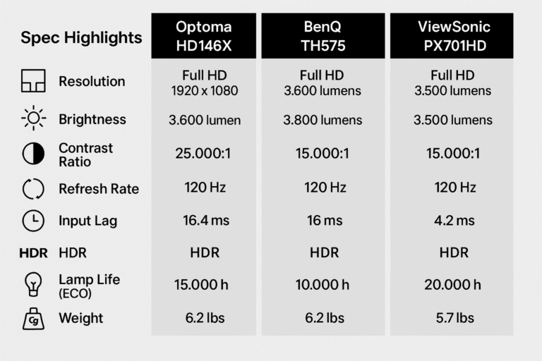 Comparison chart showing spec highlights across top gaming projector models—Optoma HD146X, BenQ TH575, and ViewSonic PX701HD—including resolution, input lag, brightness, and estimated price to help buyers choose the best projector for gaming.