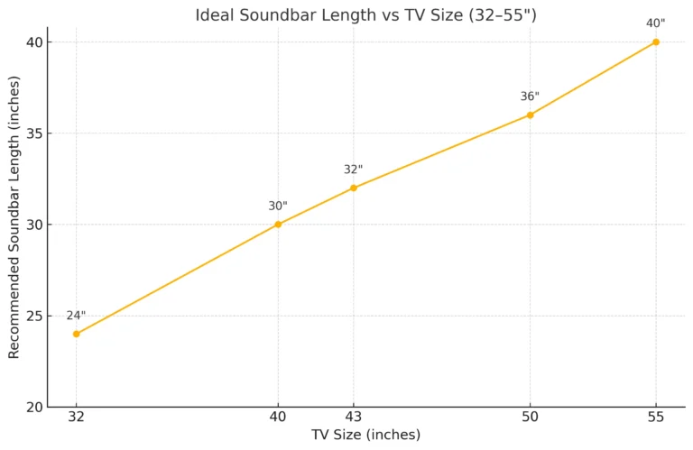 Chart showing ideal soundbar length vs TV size for 32–55 inch displays.