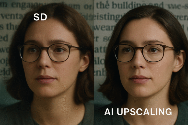 Close-up comparison of SD vs AI-upscaled text and faces on a 4K panel.