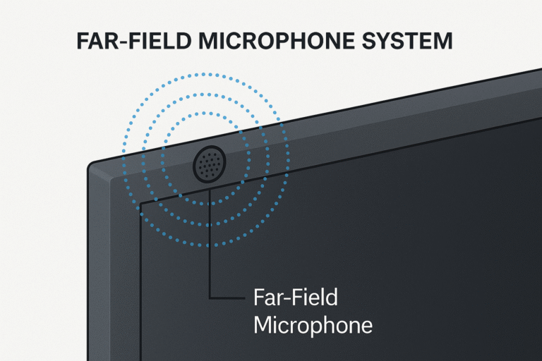 Close-up diagram of far-field microphone system in a TV bezel